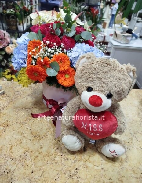 Box colorato con peluche e mimosa40 cm